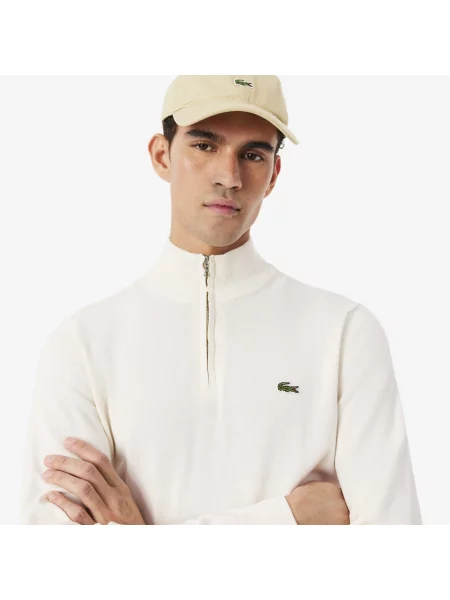 Lacoste Sweter Z Wysokim Kołnierzem I Zamkiem Kremowy biały