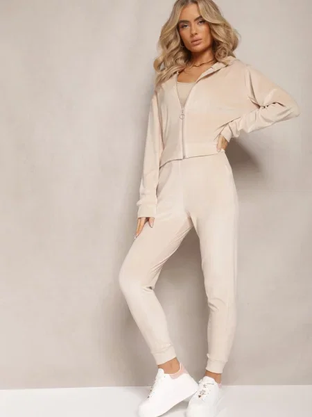 Dresowy Komplet z Weluru Spodnie i Bluza z Kapturem na Styrena beżowy