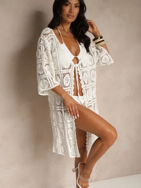 Ażurowy Kardigan z Bawełny Ozdobiony Wiązaniem Halomesa biały