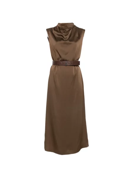 Cu centură rochie midi Brunello Cucinelli fără mâneci maro