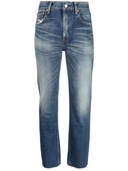 Proste jeansy Saint Laurent z wysoką talią z przetarciami niebieskie