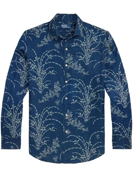 Prošívaná lněná květinová džínová bunda Polo Ralph Lauren modrá