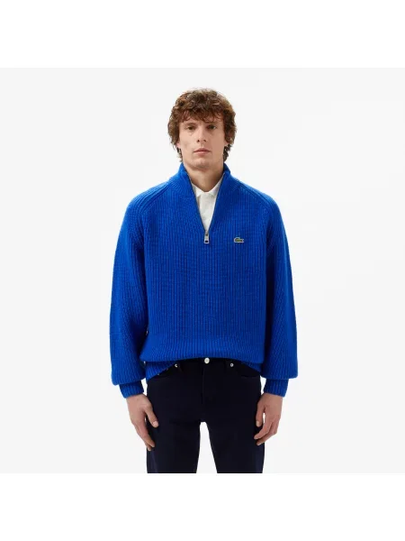 Lacoste Gruby Sweter Z Wełny Czesanej Z Zamkiem Pod Szyją granatowy