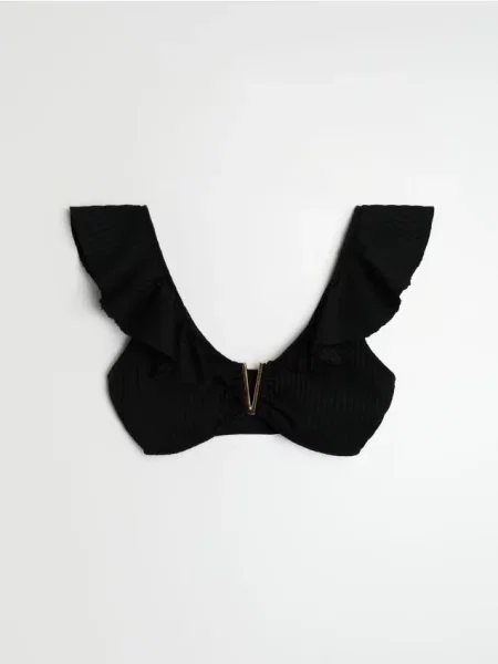 Верх бікіні з воланами та декоративною металевою деталлю чорний