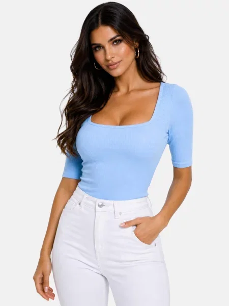 PANTHEROAR Tričko Caro Neck Short Sleeve Top svetlomodrá