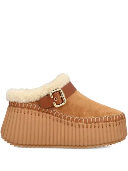 Papuci tip mules Chloé cu pană cu cataramă maro