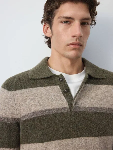 Sweter polo z mieszanki wełny i alpaki w paski oliwkowozielony Mężczyzna S MANGO MAN