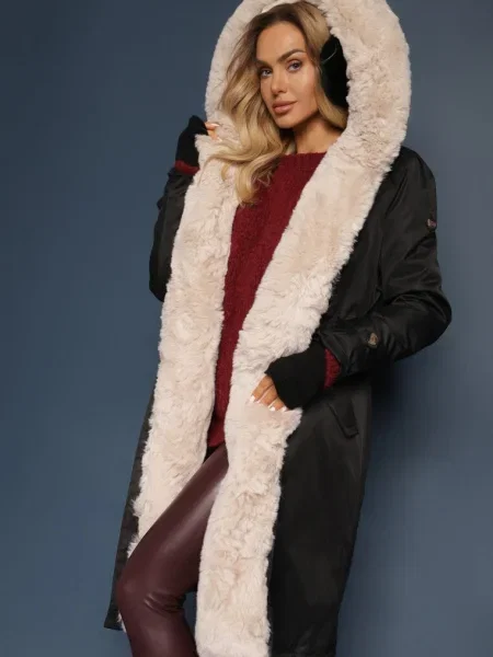 Czarno-Beżowa Kurtka Parka Ocieplana z Kapturem z Odpinanym Futerkiem Ściągana w Pasie Melintina czarna