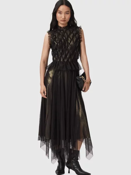 AllSaints rochie midi evazați negru
