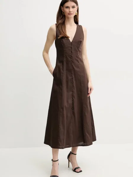 Bardot rochie din in CORDELIA midi evazati maro