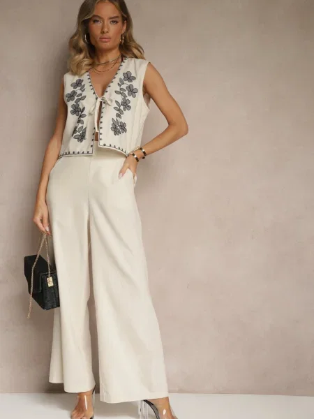 Set din Pantaloni largi și Vestă brodată Ralissele bej