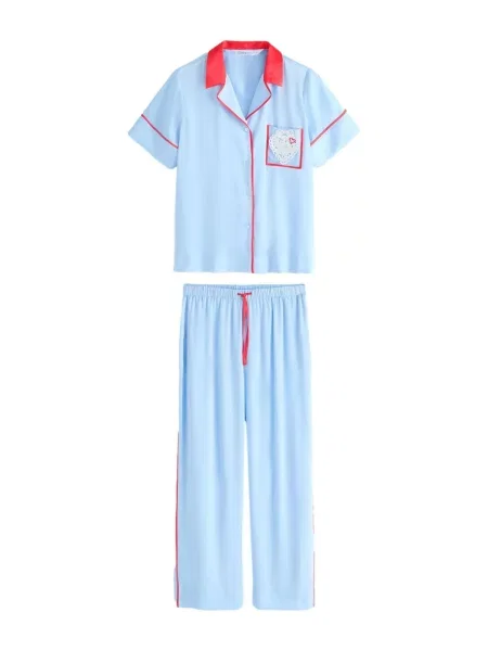 Cath Kidston Pijama albastru deschis / roșu carmin alb