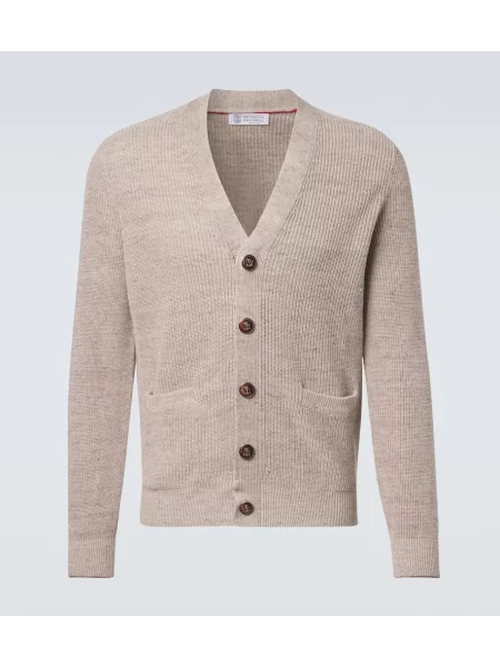 Lniany kardigan Brunello Cucinelli prążkowany beżowy