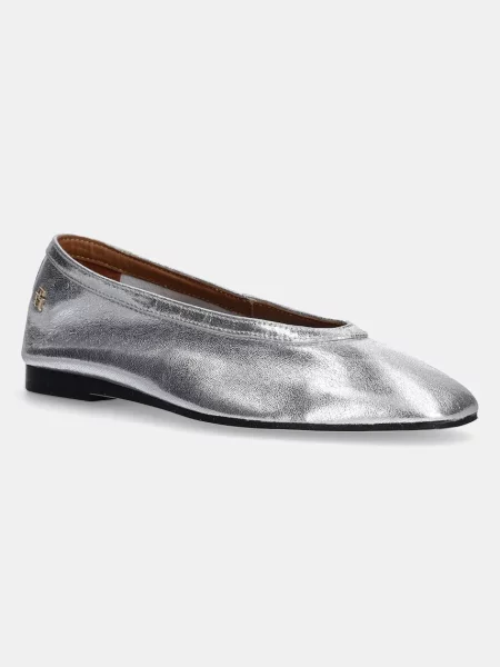Кожени балеринки Tommy Hilfiger SOFT METAL LTHR BALLERINA NO BOW сребристо