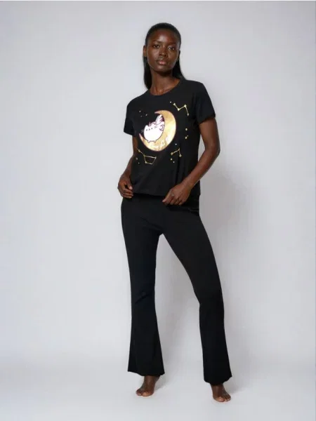 Піжама з boxy топом і штанами з рубчастого трикотажу Pusheen чорний