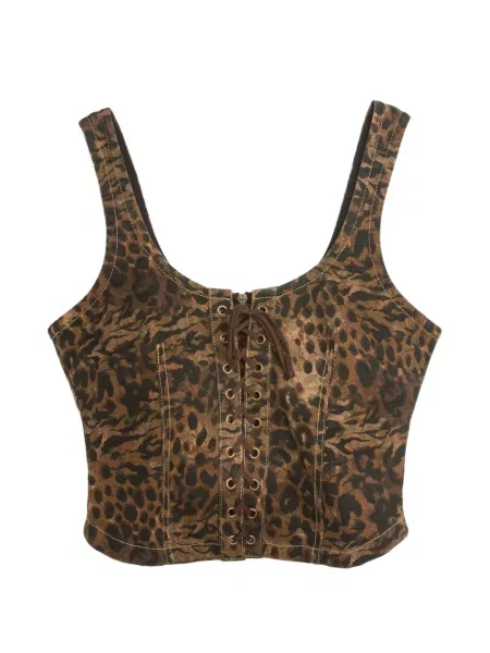 Top Juicy Couture cu șireturi cu imagine cu model leopard maro