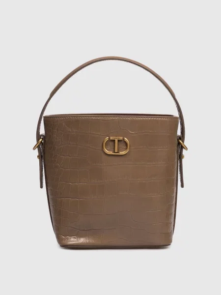 Шкіряна глянцева сумка бакет-бег з логотипом Twinset коричнева