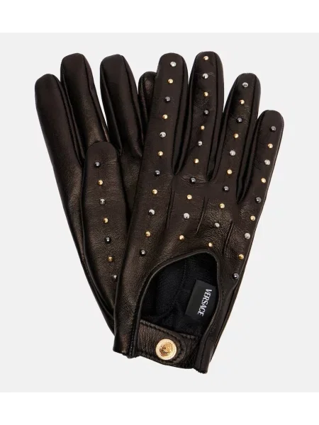 Mănuși Versace din piele cu tepi maro
