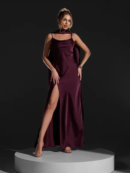 Сукня максі ISSA Plus шовк бордовий