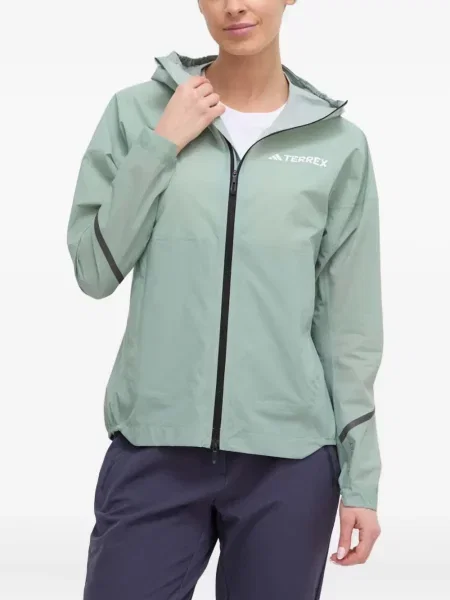 Geacă Adidas cu dungi alergare cu glugă verde