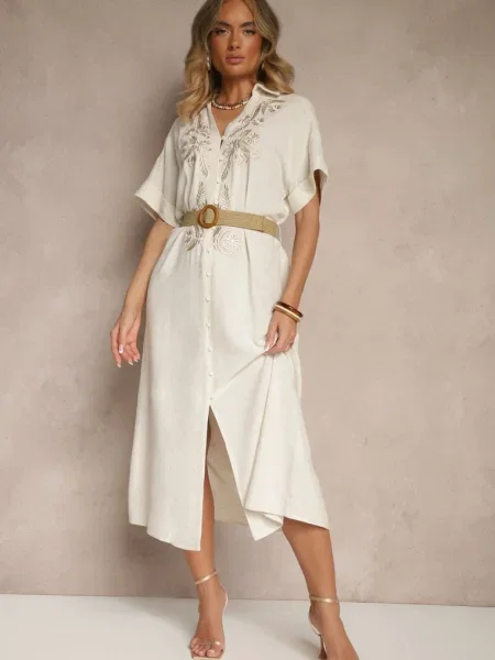 Koszulowa Sukienka z Lnu i z Haftem i Plecionym Atelessa beżowa