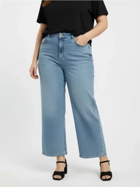 Wide leg джинси з ефектом прання plus size синій