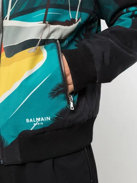 Geacă bomber Balmain cu imagine cu imprimeu tropical albastru