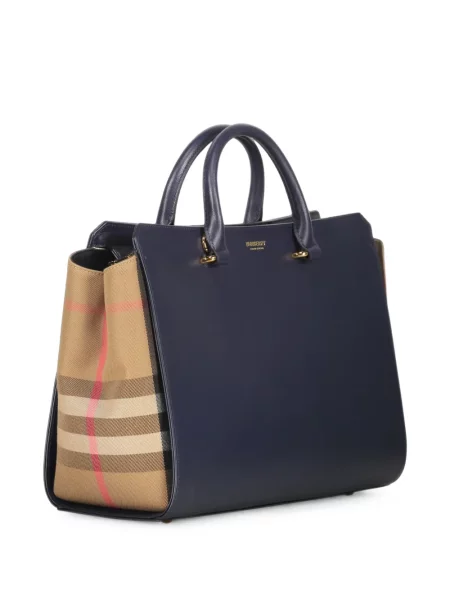 Кожена карирана шопинг чанта Burberry синьо