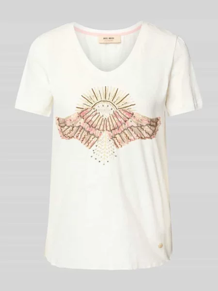 T-shirt z prążkowanym dekoltem w serek model ‘Nadine’ Mos Mosh biała