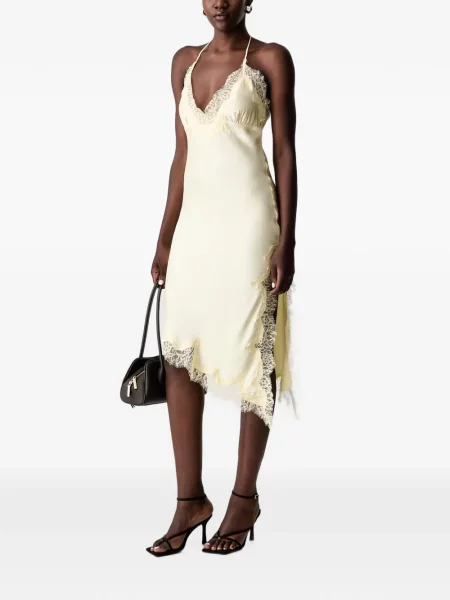 Rochie mini Bardot asimetrică din dantelă galben