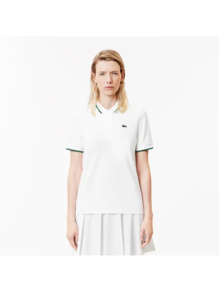 Lacoste Koszulka Tenisowa Polo Z Piki Z Kołnierzykiem W Kontrastowe Paski biała