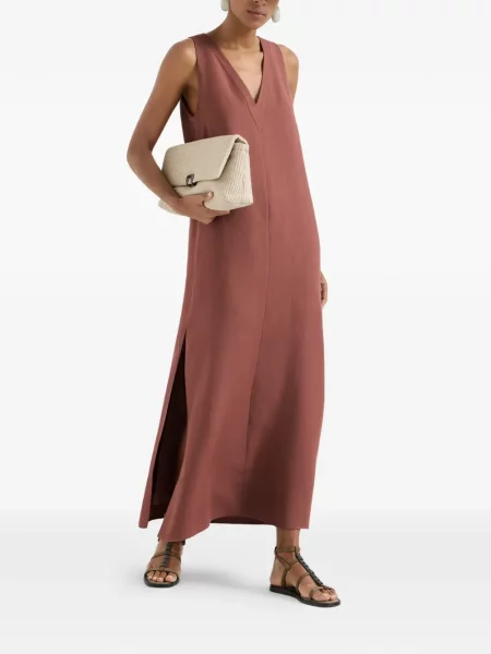 Sukienka midi Brunello Cucinelli z dekoltem w serek do kolan garniturowa pomarańczowa