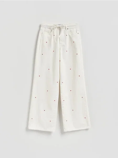 Reserved Blugi wide leg cu broderie alb