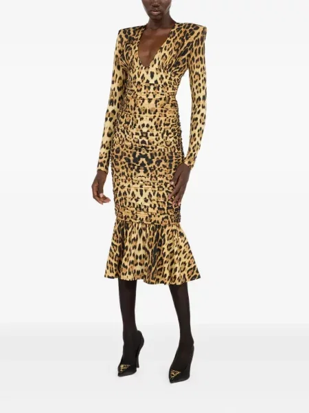 Rochie midi Roberto Cavalli cu imagine cu model leopard până la genunchi galben
