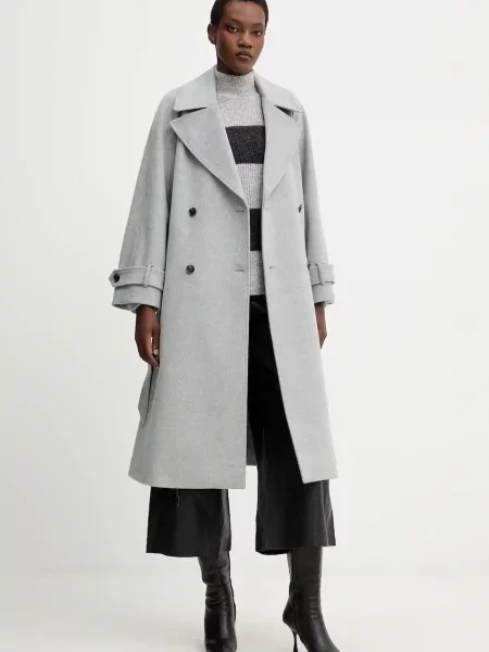 MM sweter z wełną TENNA lekki z golfem szary