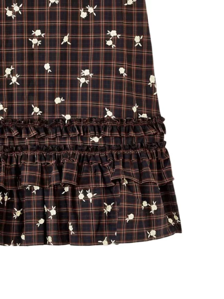 Rochie mini Ganni în carouri cu volane maro