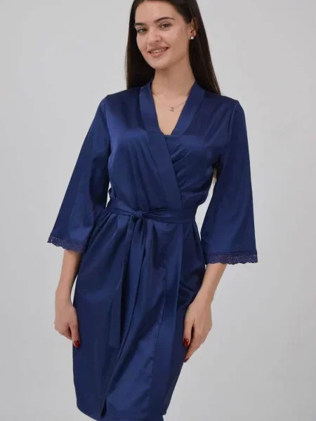 Атласный женский халатик синій