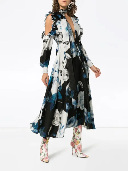 Šilkinė gėlėta midi suknelė Off-white iki kelių balta