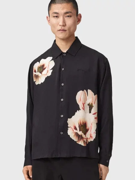 AllSaints cămașă pentru bărbați din vâscoză FLORAISON LS SHIRT negru