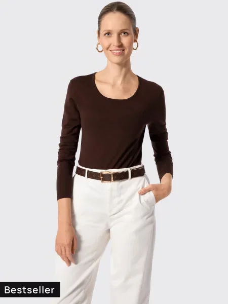 Sweter z wełny merino z okrągłym dekoltem ciemny brąz