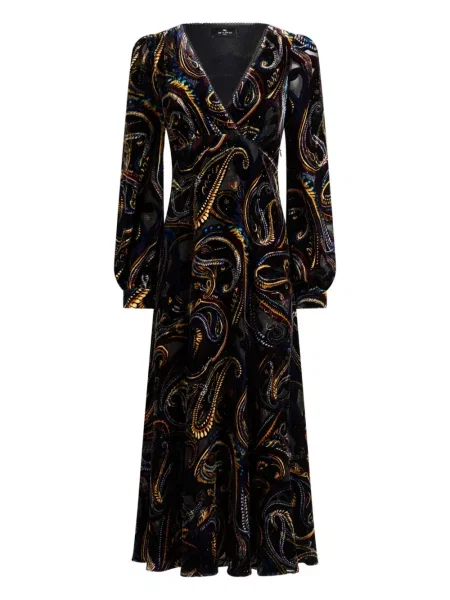 Rochie midi Etro de catifea cu model paisley până la genunchi negru
