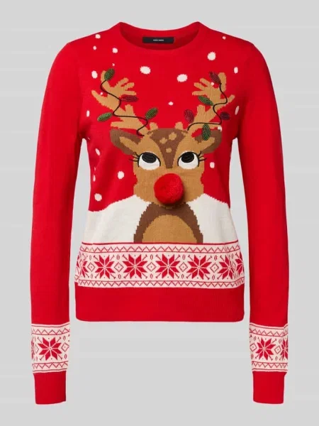Sweter świąteczny o kroju regular fit z pomponem model ‘FROSTYDEER’ Vero Moda czerwony