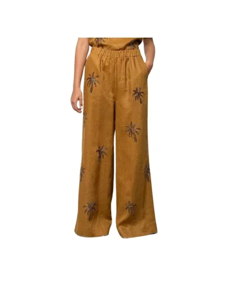 Lniany spodnie palazzo Kaos brązowy