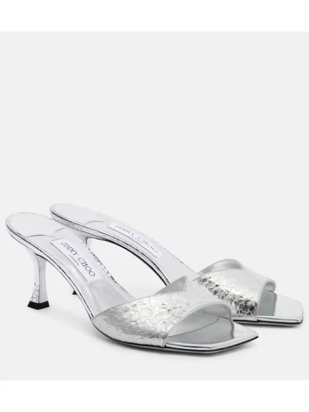 Papuci tip mules Jimmy Choo din piele argintiu