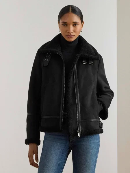 Haină din piele de oaie Lauren Ralph Lauren din piele de oaie negru