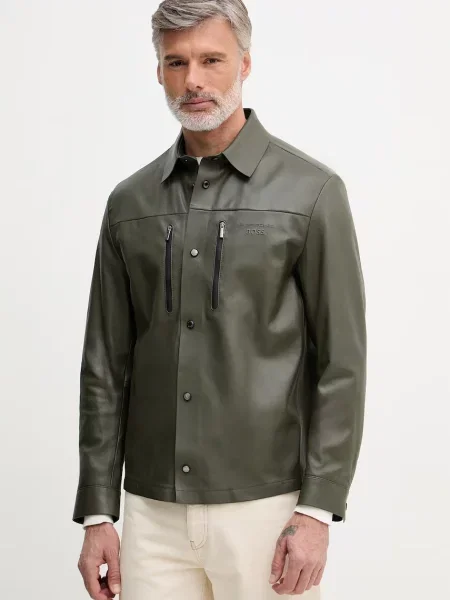 BOSS Green jachetă scurtă pentru bărbați din piele BOSS X PORSCHE verde