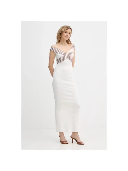 Dzianinowa sukienka maxi Elisabetta Franchi w paski z paskiem beżowa