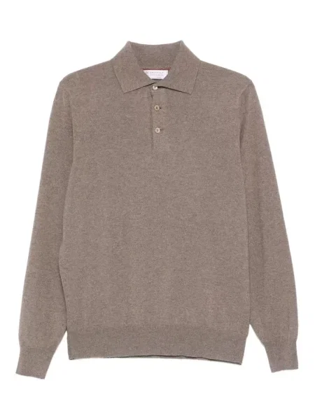 Lung tricou polo Brunello Cucinelli din cașmir maro