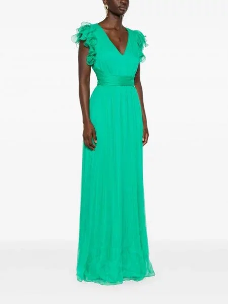 Rochie maxi Nissa de mătase cu volane de costum verde