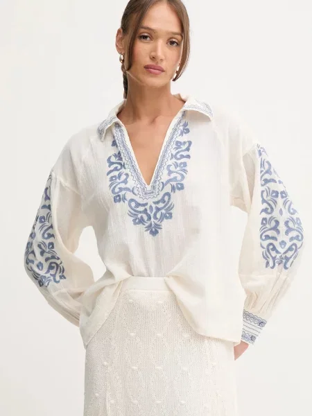 Блуза с лен Hoss Intropia дамска с апликация бежово